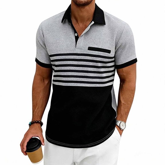 Shirts for Men Color Block Casual Waffle Knit Pocket Short Sleeved Half Button Stand Collar Top Gray XL