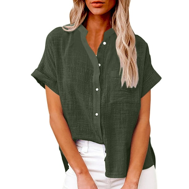 Blusa de cárdigan informal de manga corta con cuello levantado para mujer, color liso, con bolsillos Pompotops hkajfhjk474423
