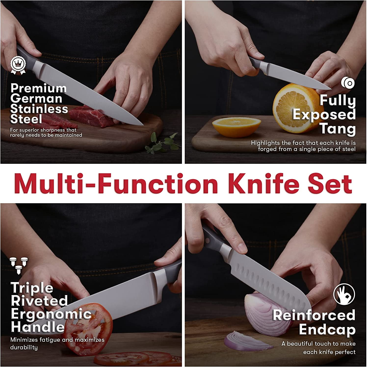 Master Maison Walnut Kitchen Knife Set With Wood Knife Block & Bonus  Cleaver | German Stainless Steel Knives With Knife Sharpener & 6 Steak  Knives 