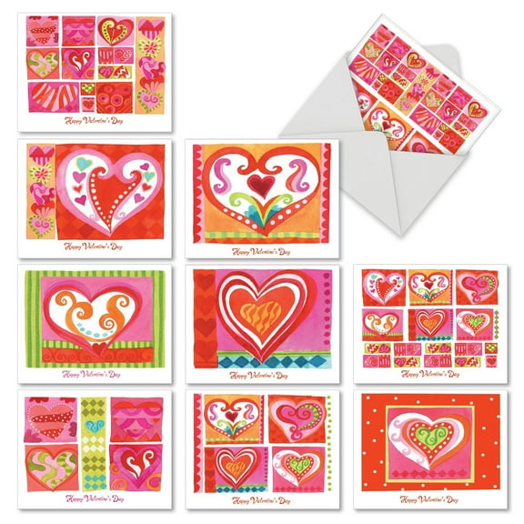 The Best Card Company - 10 Assorted Valentines Day Cards Bulk (4 x 5.12 Inch) - Boxed Gift Pack - Art Hearts M6725VDG-B1x10
