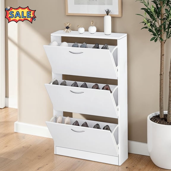 Tcbosik Narrow Shoe Cabinet with 3 Flip Drawers, Shoe Storage Organizer, Hidden Shoe Rack for Entryway, Hallway, Foyer, White