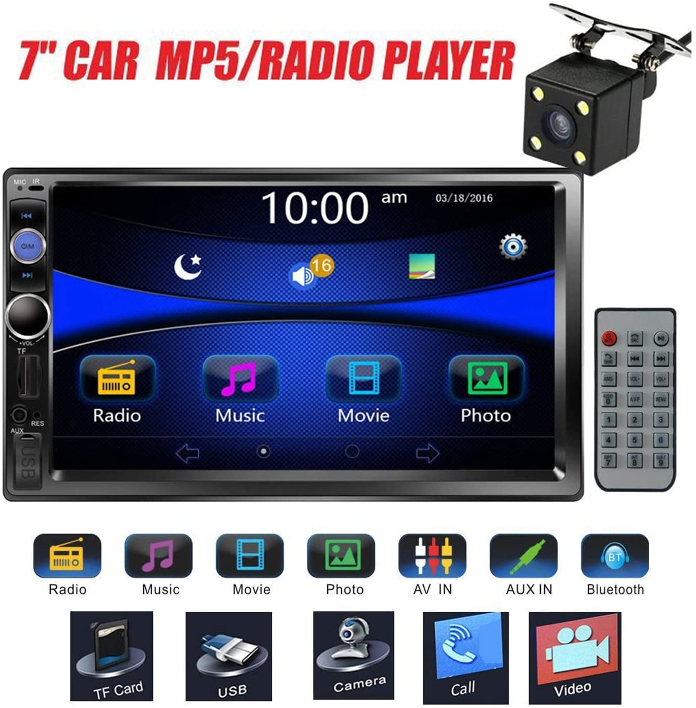 Remote Control Regetek 7 Double DIN Touchscreen in Dash Bluetooth Car Stereo Mp3 Audio 1080P Video Player FM Radio/AM Radio/TF/USB/AUX-in 