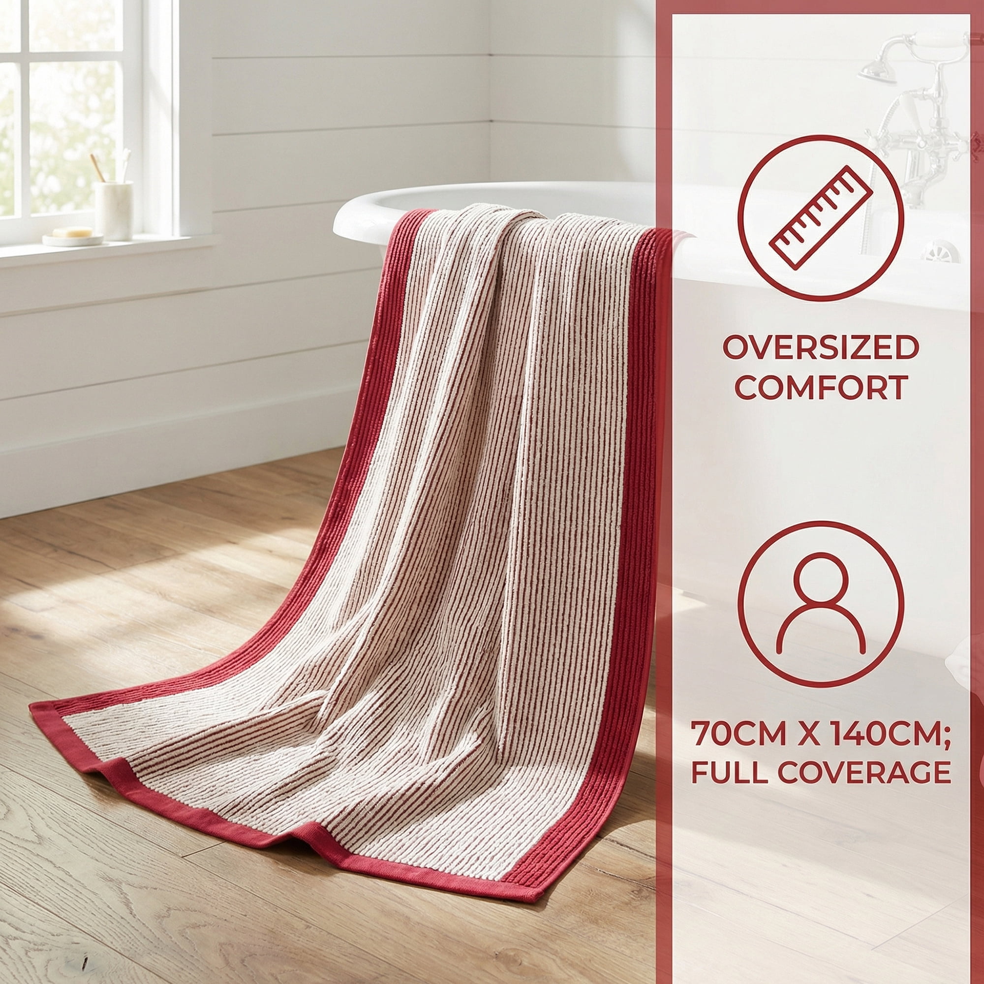 Unique Bargains Soft Highly Absorbent Cotton Striped Bath Towel 2 Pack Red/Blue 55"x28"