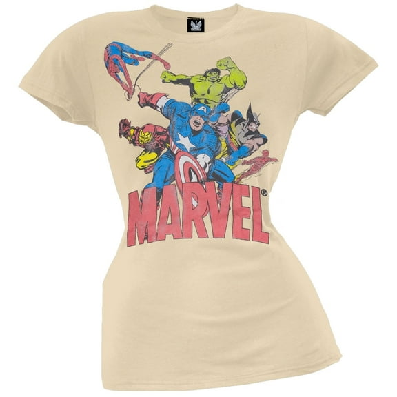 Marvel - 6 Heroes Tan Juniors T-Shirt - Large