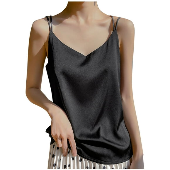 Women's Summer Sleeveless V Neck Satin Tank Top Casual Solid Color Cami Blouse Lightweight Comfortable Fashion Basic Vest