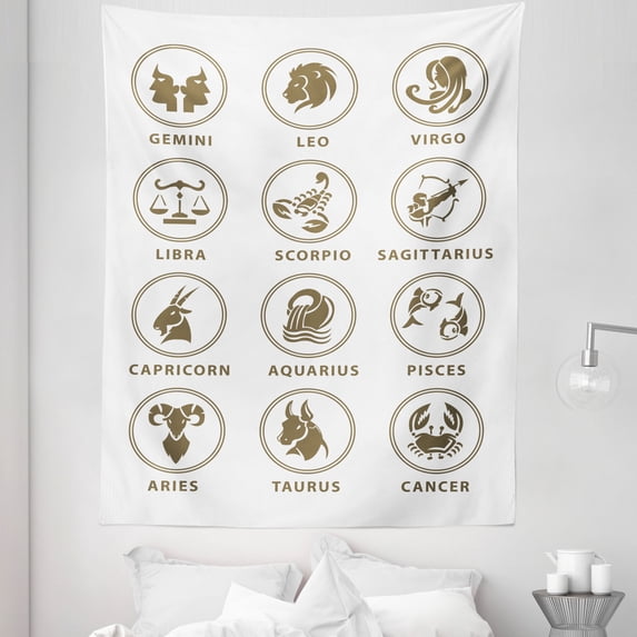 Astrology Tapestry, Classic Zodiac Chart Astrologicy Signs Stiylish Constellation Art Lllustration, Fabric Wall Hanging Decor for Bedroom Living Room Dorm, 5 Sizes, White Sepia, by Ambesonne