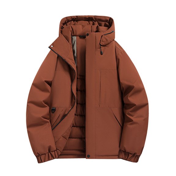 Wrtxtat Men's Full Zip Drawstrings Jackets Winter Warm Heavyweight Windbreaker with Pockets Solid Color Softshell Waterproof Outerwear Brown XL