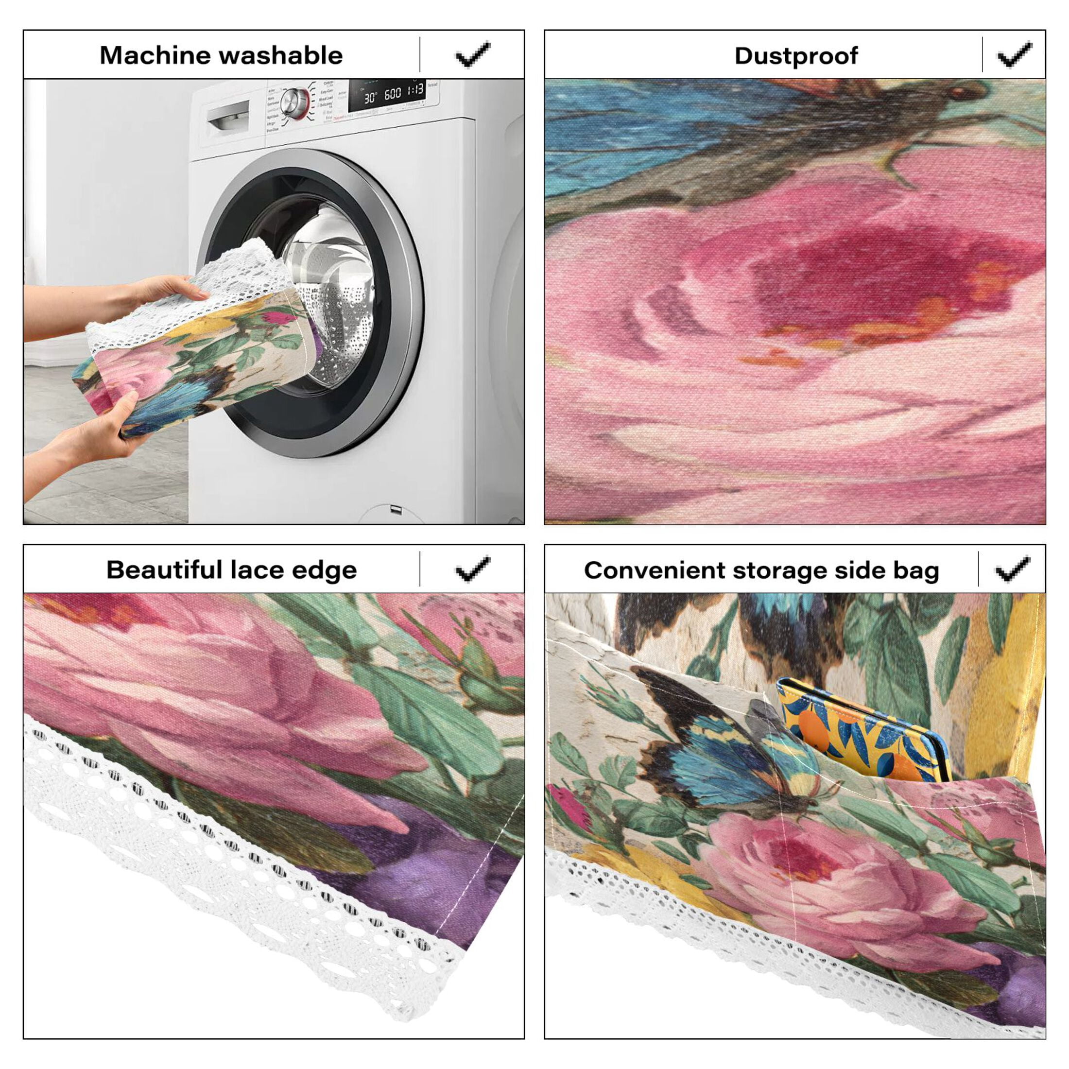 Washing Machine Cover 51.2x22in, Durable Polyester Dust Cover with Lace Trim and Side Pocket for Appliances Vintage Butterfly