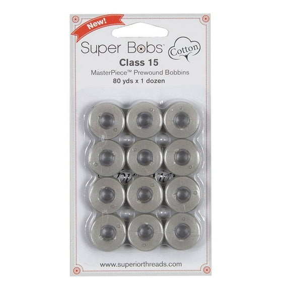 Super Bobs MasterPiece Cotton 80yd Prewound Bobbins 12ct Class 15 Granite