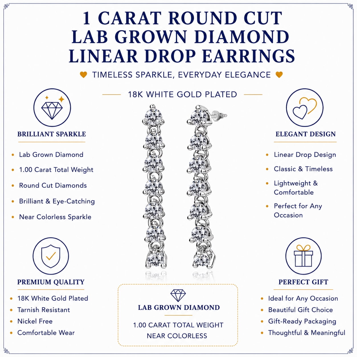 JeenMata 1 Carat Round Cut Lab Grown Diamond Linear Drop Earring - Classic Drop Earrings in 18K White Gold Plating for Women, Gift for Her