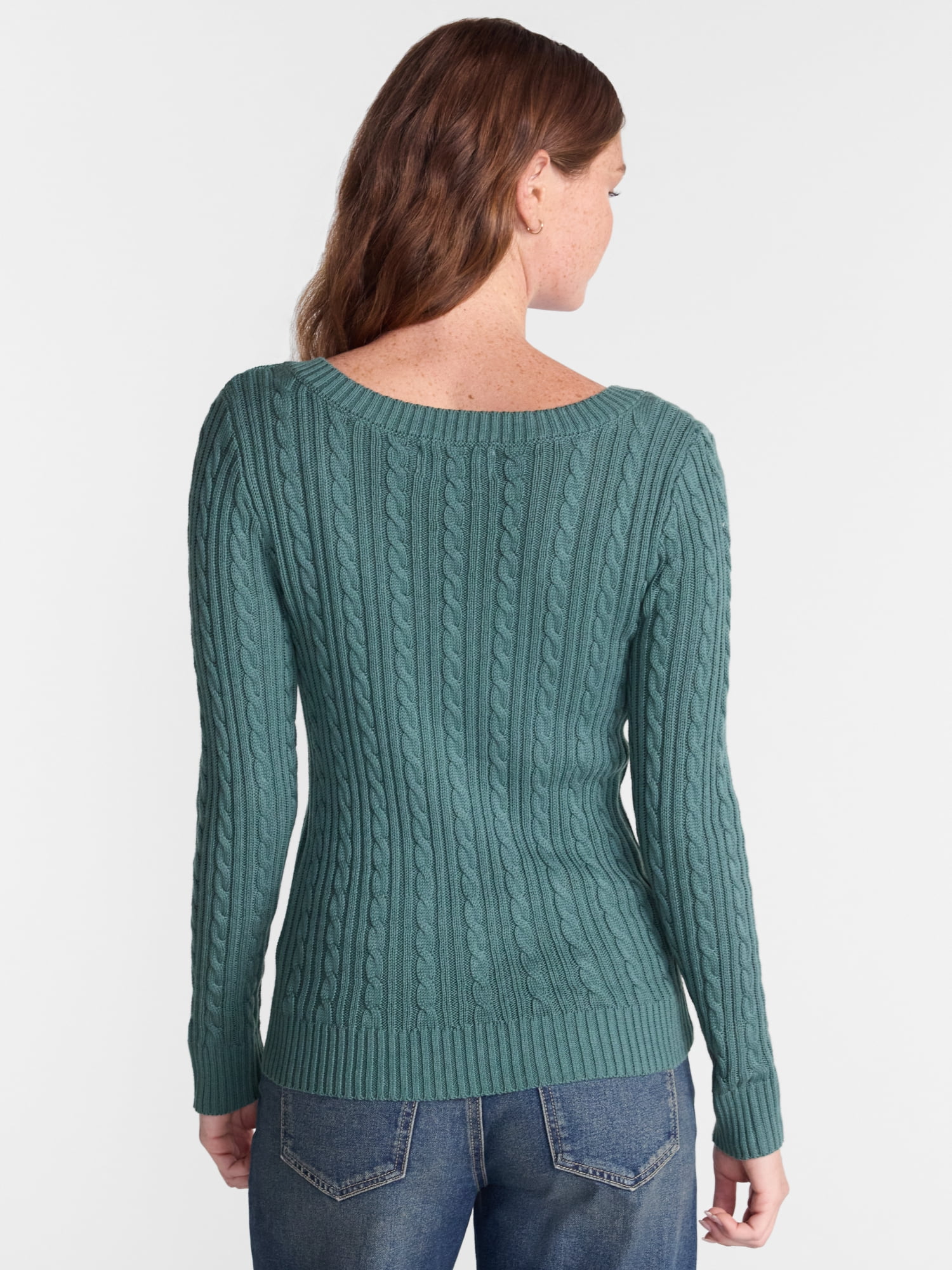 No Boundaries V Neck Cable Sweater, Women's and Women's Plus XXS-4X