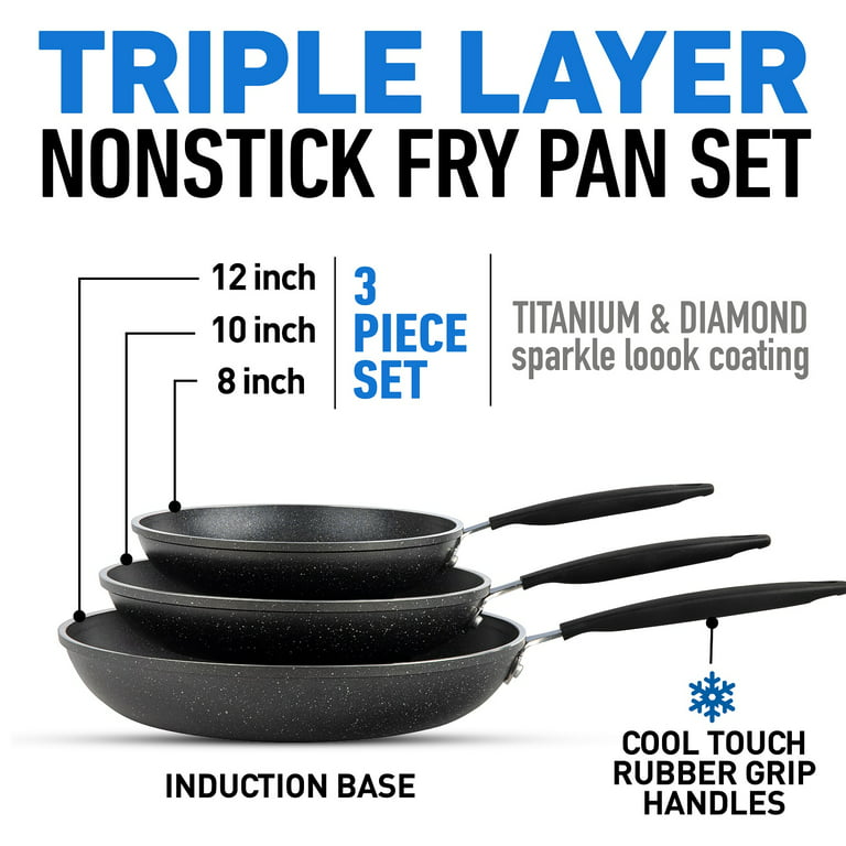 OrGREENiC Ceramic Pans for Cooking - 3 Piece Cookware Set with Lids, Blue  Hammered Design Lightweight & Durable Non Stick Frying Pans for Effortless