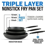 Granitestone Diamond Nonstick Frying Pan Set Piece 8 10 12 Triple Coated Mineral & Diamond Frying Pans, Skillets Cooking Pan Induction Oven Safe Black