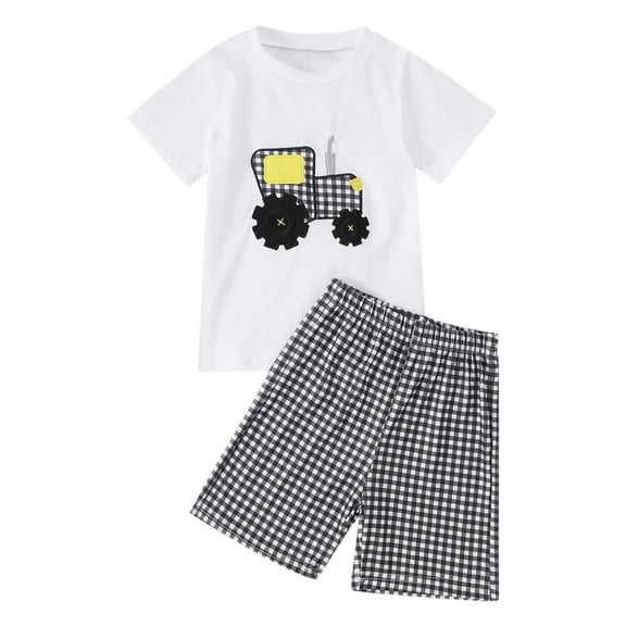 Toddler Baby Boys Outfits Short Sleeve Tractor Applique Shirt Tops   Gingham Shorts 2Pcs Set
