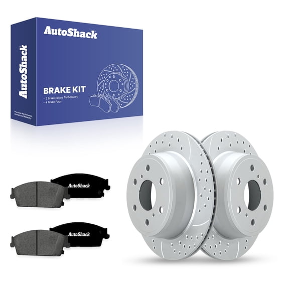 AutoShack Rear Brake Rotors & Ceramic Pads for Chevrolet, Silverado 1500 2007-2013 - Coated Drilled & Slotted - Silver Matte Finish - TurboGuard - 13.57" (344.8 mm), 6-Lug