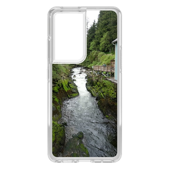 DistinctInk Clear Shockproof Hybrid Case for Galaxy S21 ULTRA 5G (6.8" Screen) - TPU Bumper, Acrylic Back, Tempered Glass Screen Protector - Ketchikan Alaska Stream