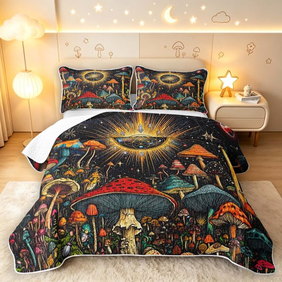Homewish Watercolor Botanical Mushroom Twin Quilt Set,Vintage Fungus Plant Twin Coverlet Set,Black Reversible,2 Pieces