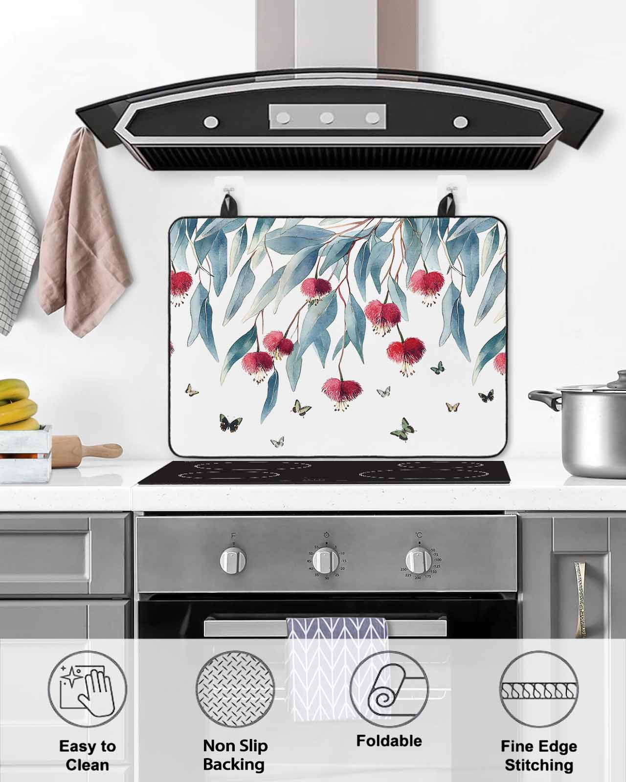 nqOlkjepod Large Induction Cooktop Protector Mat 24"x21", Botanical Leaves Stove Top Covers for Electric Stove, Spring Floral Butterfly Pastoral Stove Burner Cover Mats, Glass Top Stove Cover