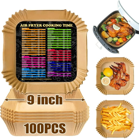 Air Fryer Disposable Paper Liners Square, 9 Inch Air Fryer Liner, Non-stick Parchment Paper Pads Oil Resistant, Waterproof, Food Grade Baking Paper for Roasting Microwave, 100PCS