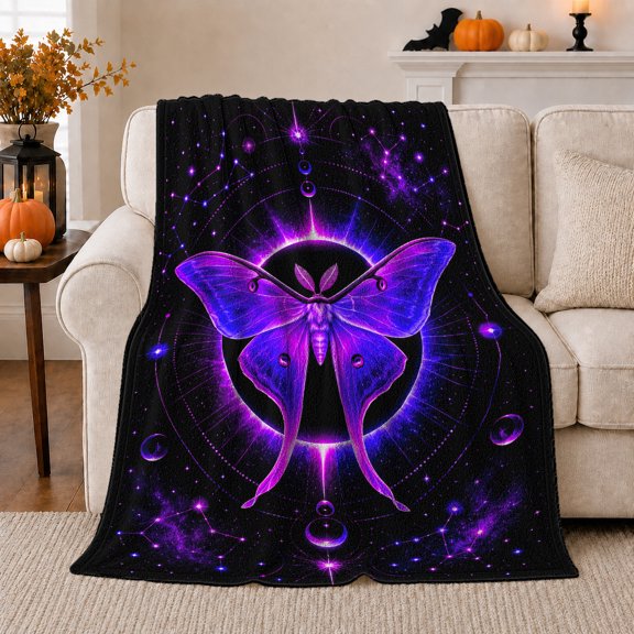 Purple Luna Moth within a Starry Portal, Magical Celestial Style for Moth Lovers, Cosmic Wing Motif and Birthday Gift, Cozy Flannel Blanket for Bedroom and Reading Nook, Home Decor