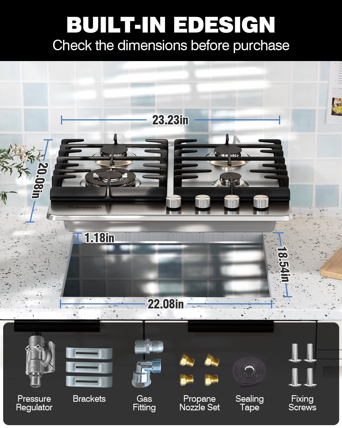 TOPWISH 24" 4-Burner Built-In Gas Cooktop, 27,400 BTU, NG/LP Convertible, 304 Stainless Steel, Thermocouple Flame-Out Protection