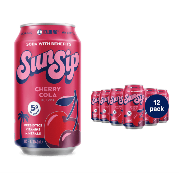 SunSip Cherry Cola Prebiotic Soda, 11.5 oz, 12 Pack Cans