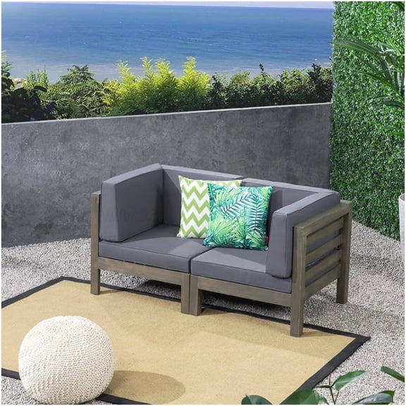 Modern 2-Piece Loveseat Set for Outdoor Use, Dark Gray Acacia Wood Frame with Removable Cushions
