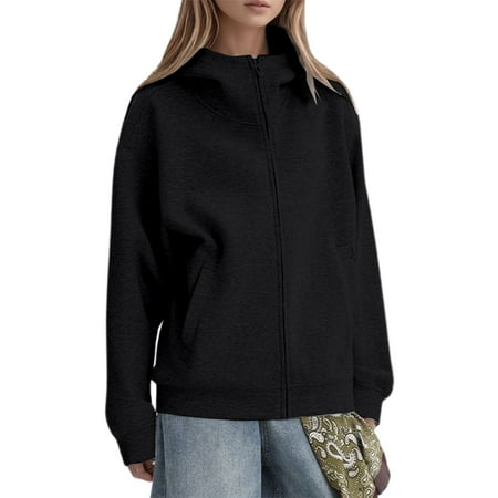 ANINEO Women Plus Size Hooded Zip Up Jacket Windproof Stand Collar Pullover Sweatshirt Casual Streetwear Outerwear Coats Solid Color Breathable