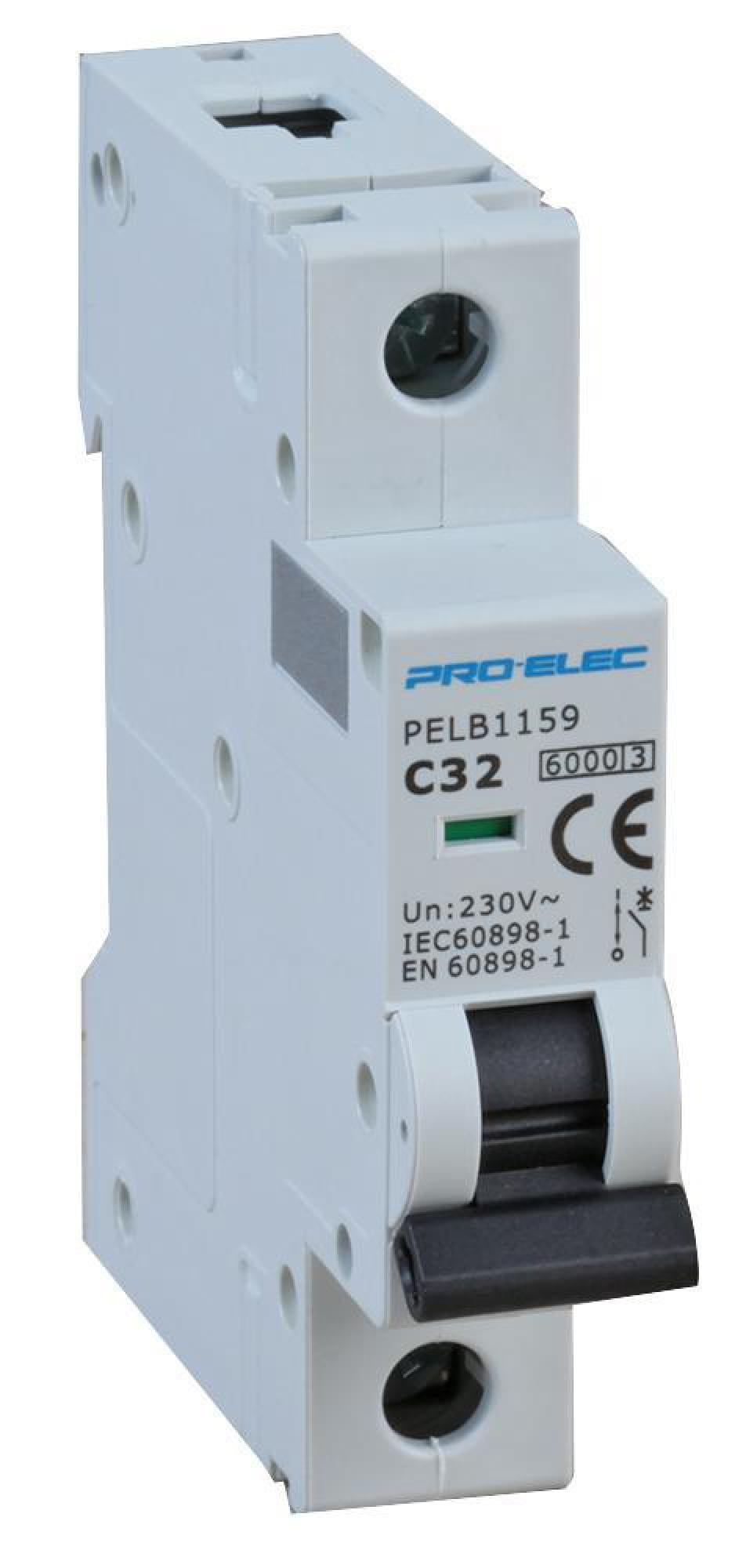 PRO ELEC 32A Single Pole MCB, C Curve, 6kA