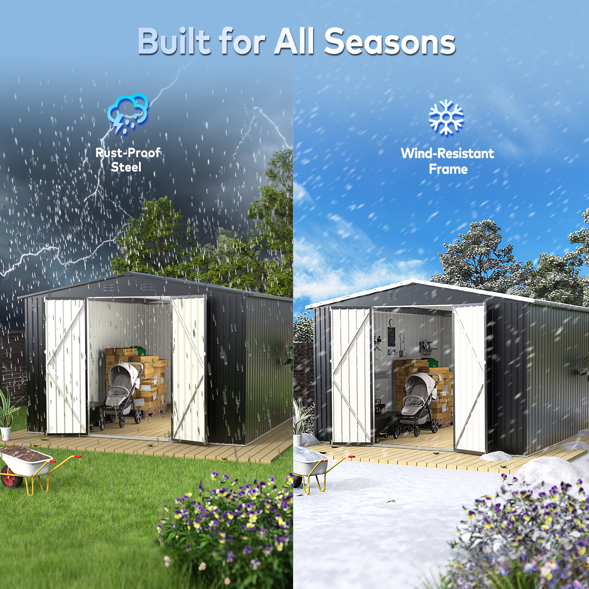 EASYHAWK 10FT x10FT Metal Outdoor Storage Shed, Heavy-Duty Steel Garden Shed with Lockable Doors for Backyard