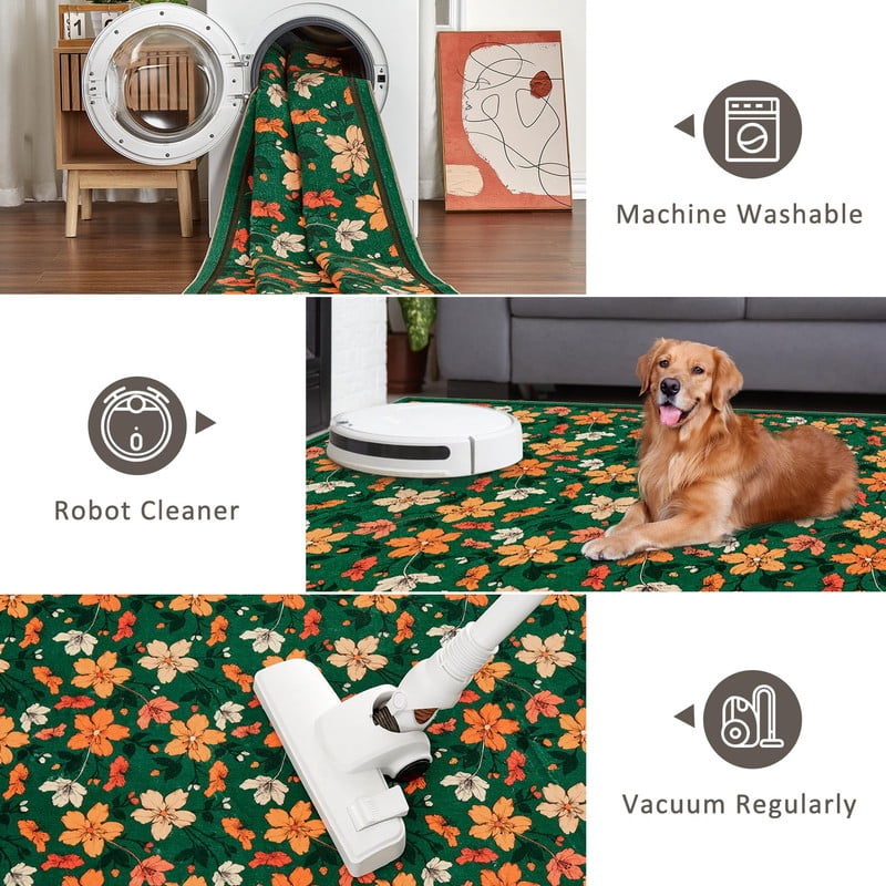2'x6' Runner Rug Boho Floral Small Non-Slip Low Pile Throw Rugs for Entryway Kitchen Front Door Indoor Entrance Entry Kids Room Green
