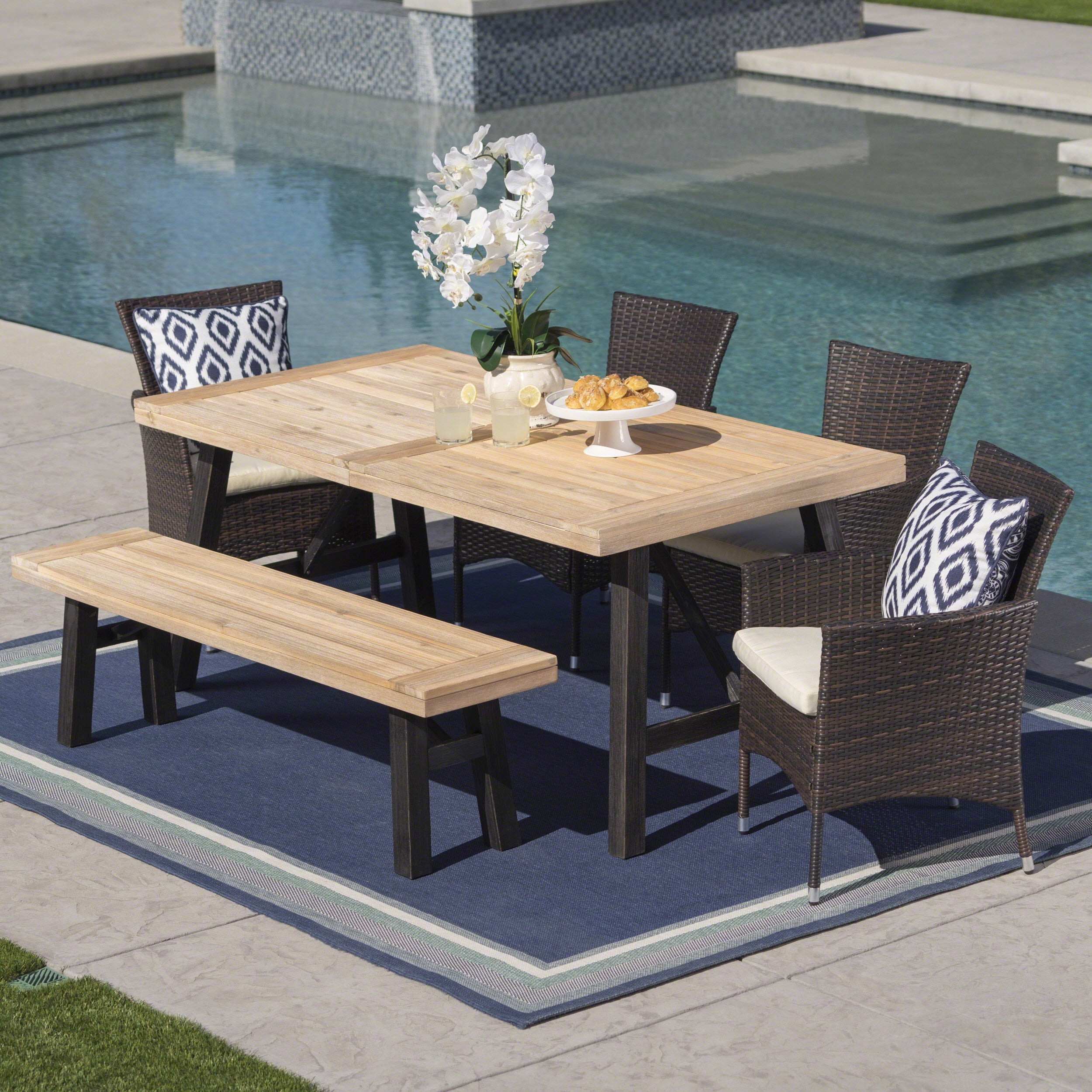 Courtney Outdoor 6 Piece Acacia Wood Dining Set with Wicker Dining ...