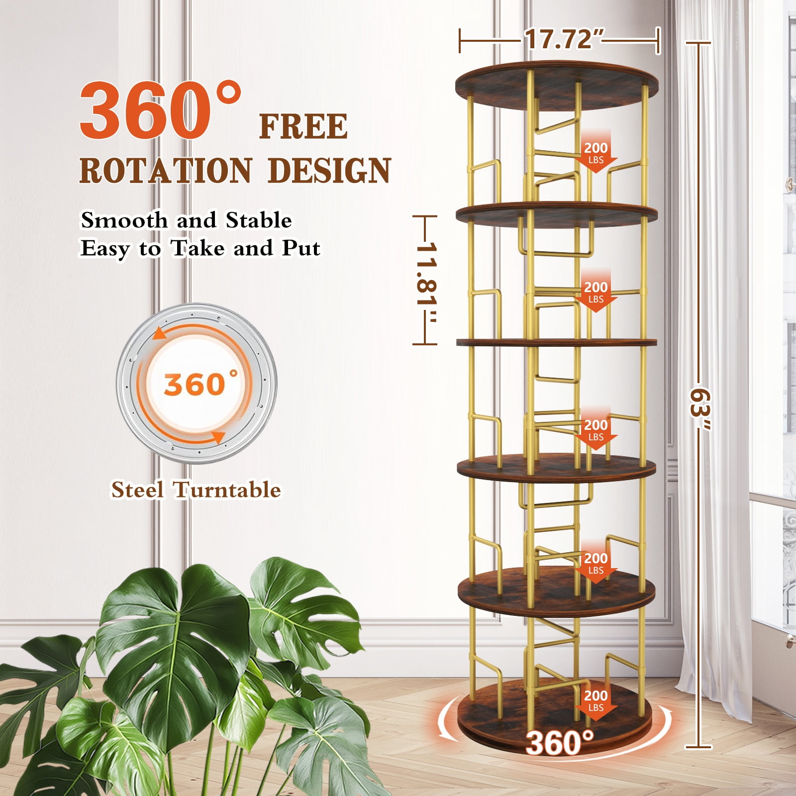 PORKISS 5 Tier Rotating Bookshelf, 360° Display Rotating Bookcase Corner Storage Rack with Partition Storage, Round Spinning Bookshelf for Office Living Room, Golden