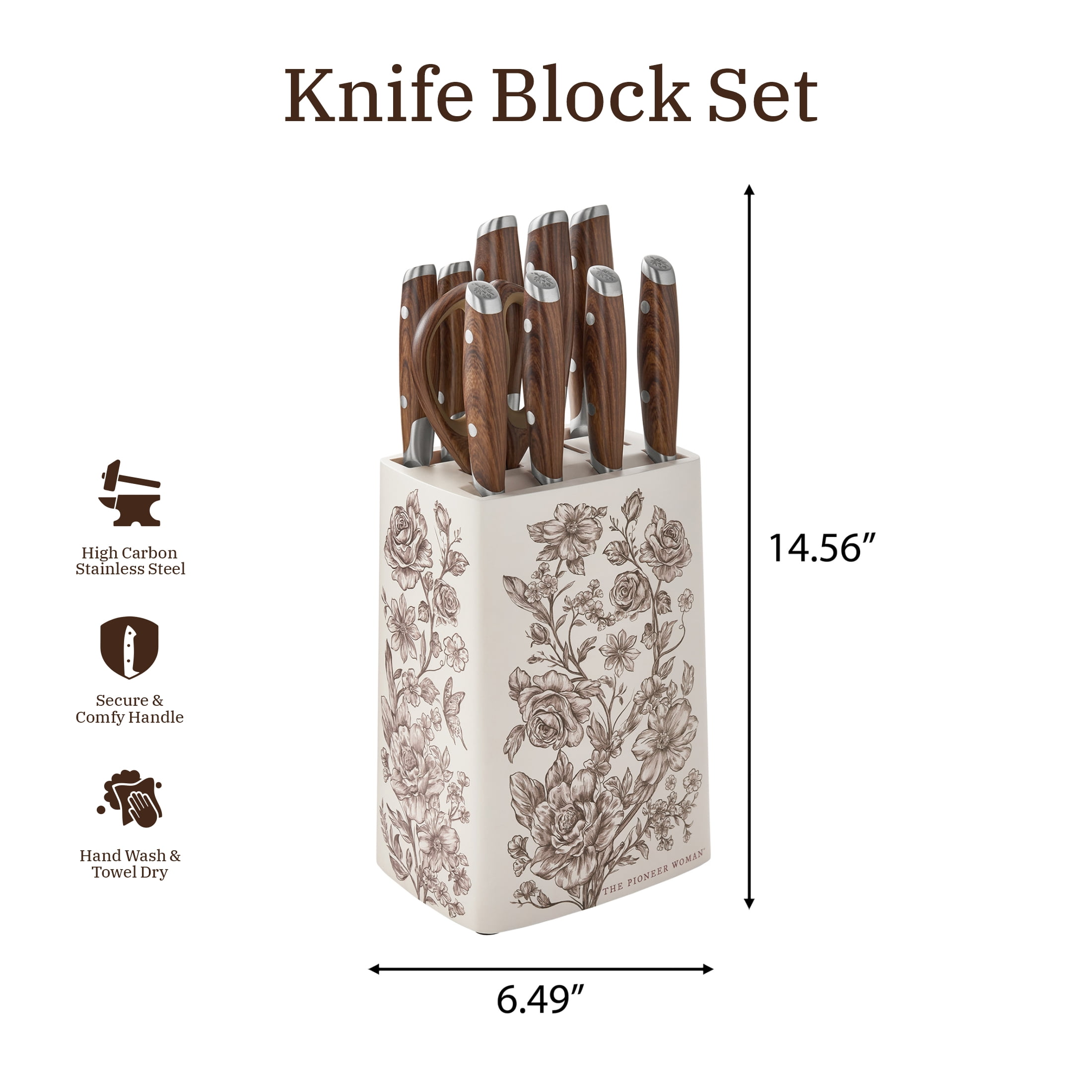 The Pioneer Woman 11 Pieces Knife Set with Decal Block Stainless Steel Knives, Forged,Brown Agatha