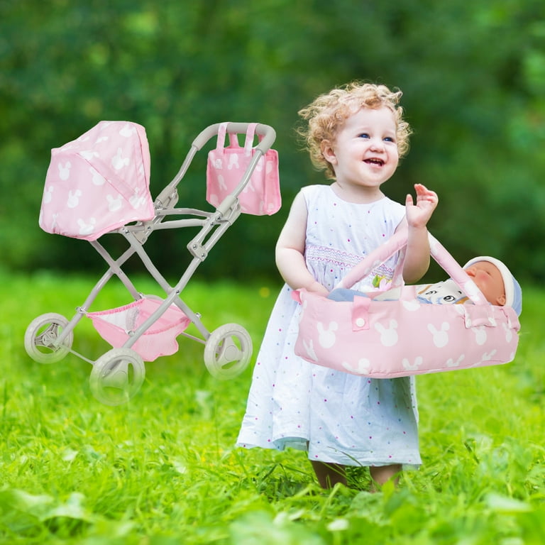 Yexmas Baby Doll Pram Stroller Carriage for 18 Dolls W Matching Bag Gift for Boys girls Pink
