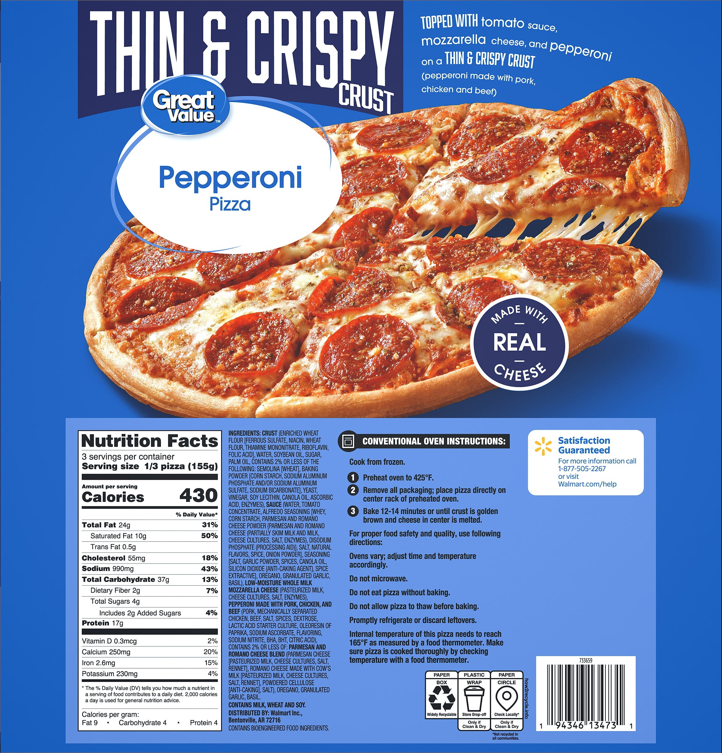 Great Value Thin Crust Pepperoni Frozen Pizza, 16.4 oz (Frozen)