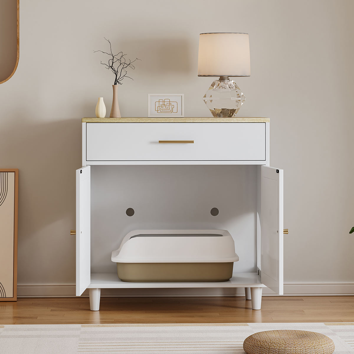 Hidden Litter Box Furniture, Cat Litter Box Enclosure with Scratch Board, Wooden Enclosed Cat Litter Cabinet Storage 32.5 x 31.69 x 15.75 Inches, White