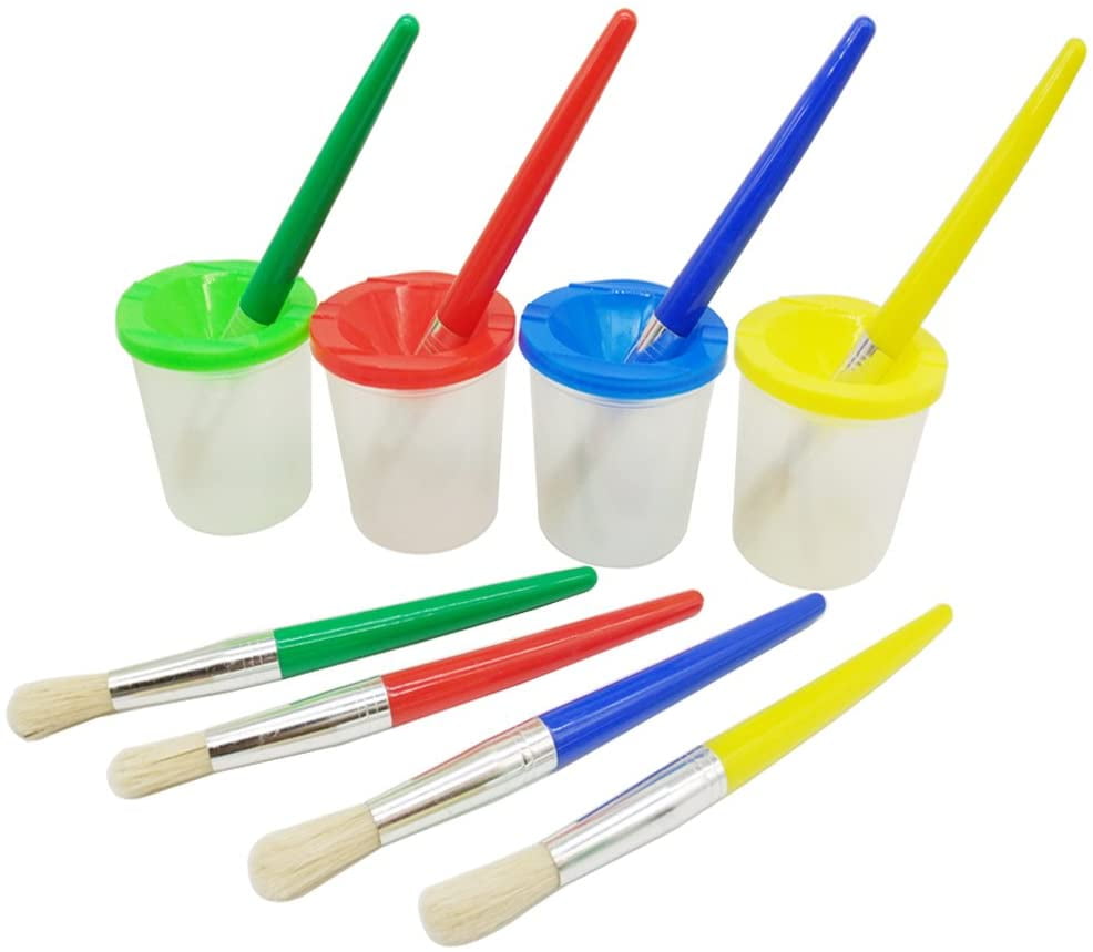 Cribun 4 Pieces Spill Proof Paint Cups and Paint Brushes for Kids
