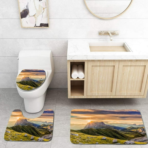 PUDMAD Sunrise at Sassolungo or Langkofel Mountain Group Dolomites Trentino Alto Adige 3 Piece Bathroom Rugs Set Bath Rug Contour Mat and Toilet Lid Cover