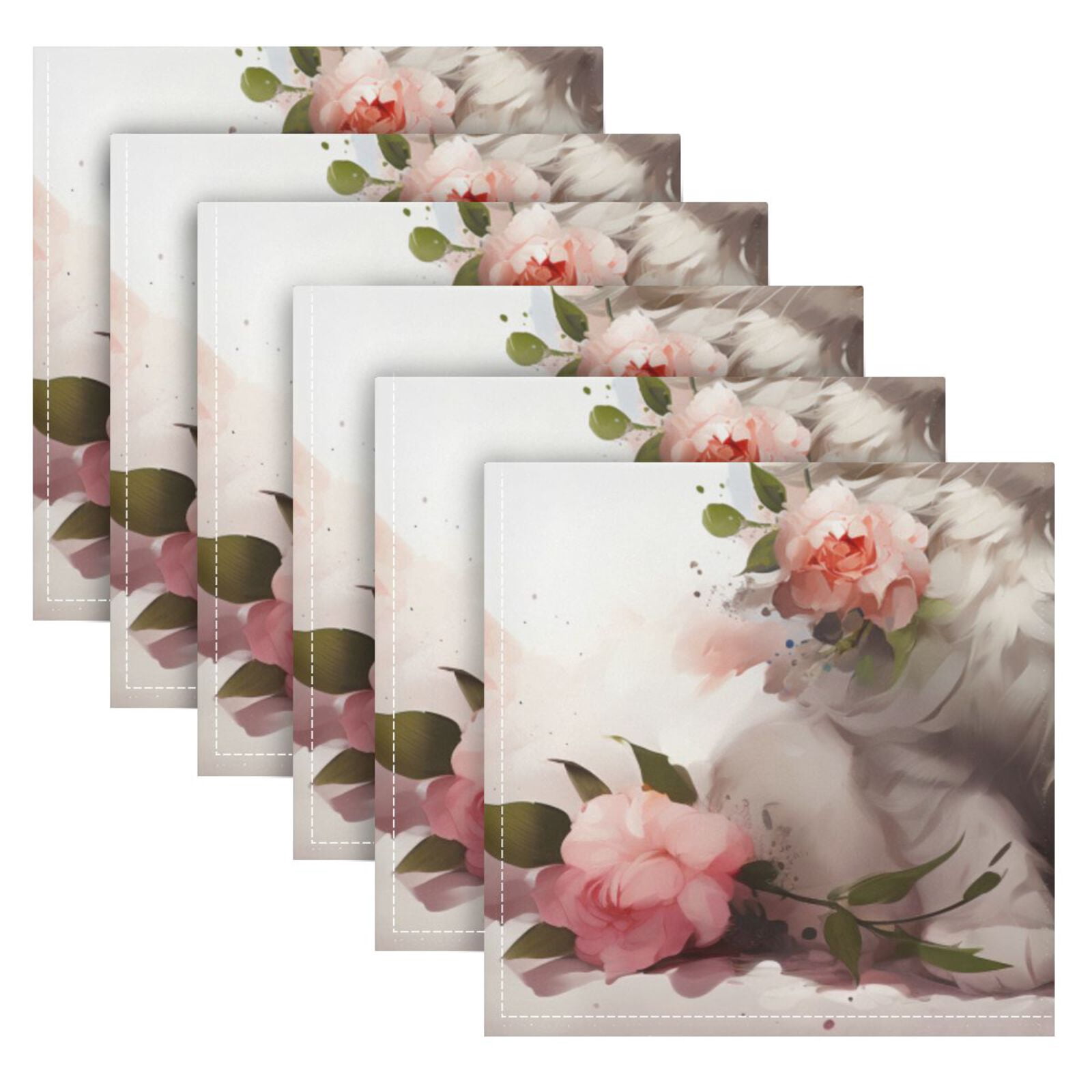 JSTEL Cat Kitten Rose Flowers Cloth Napkins Set of 6, 20x20 Inch Washable and Reusable Napkin for Decoupage Dinner Party Everyday Use