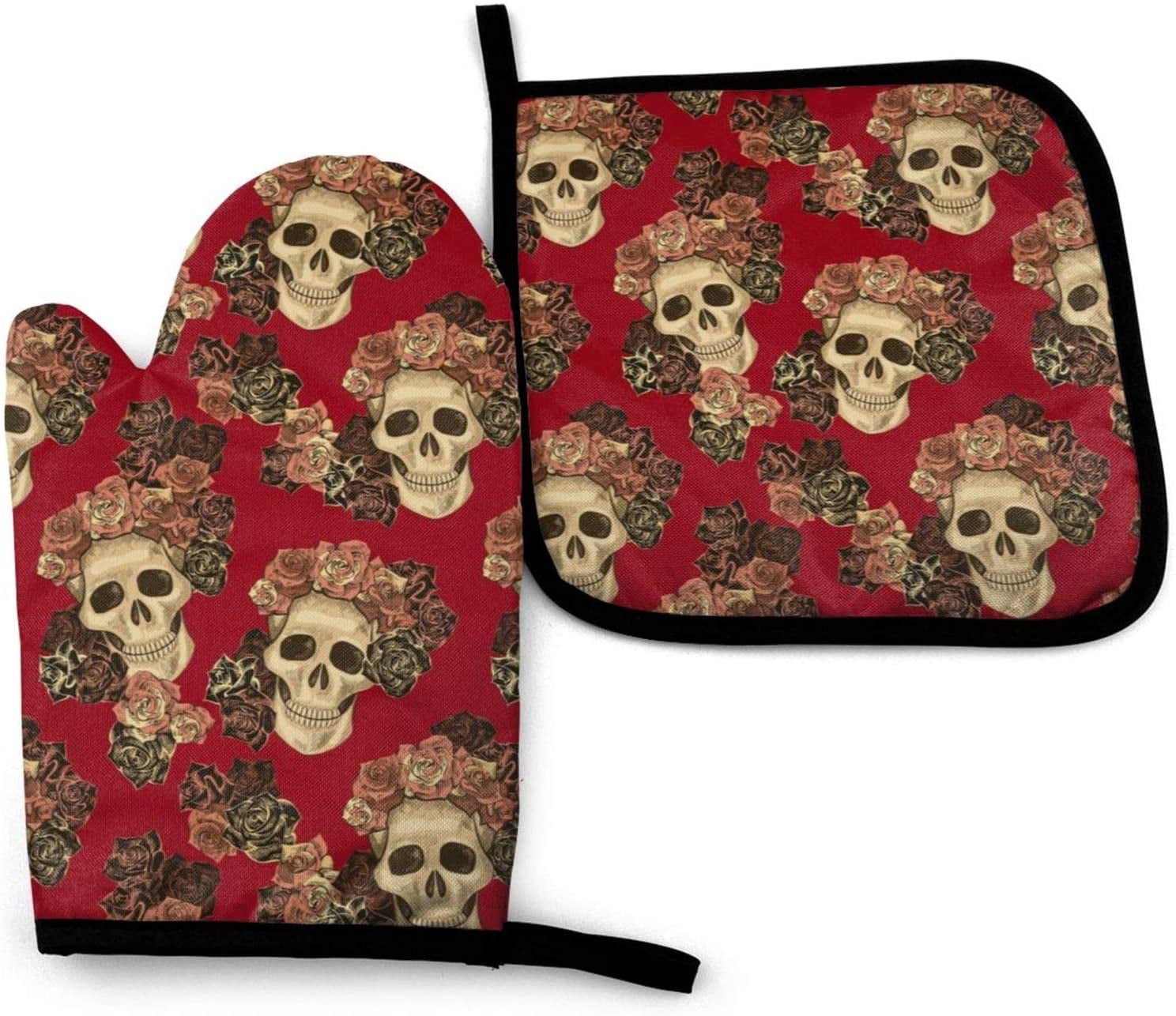 Antvinoler Oven Mitts Oven Gloves Heat Resistant Non-Slip Be Used for BBQ Cooking Baking Grilling-Scary Skull Horror Pot Holders for Kitchen