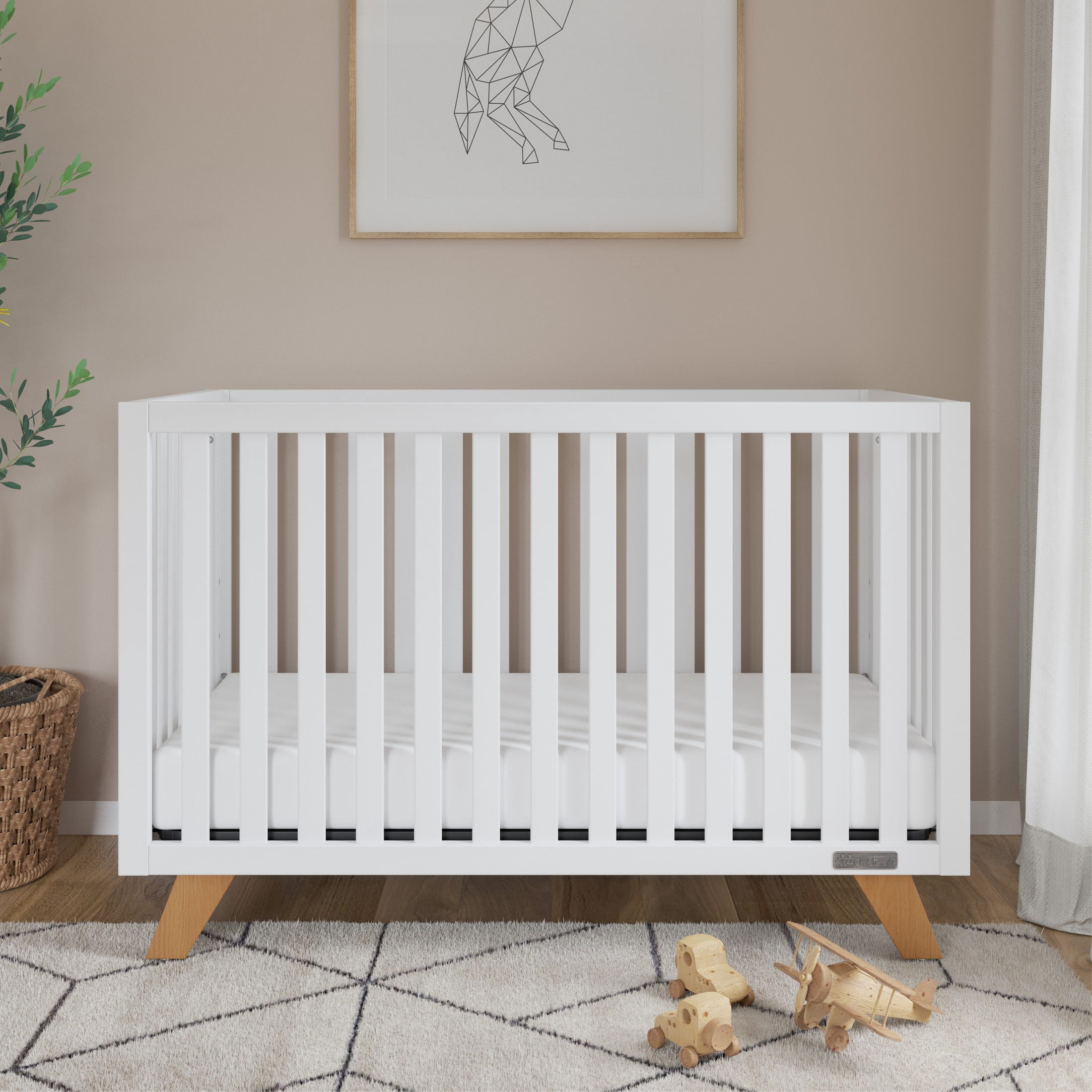 Child Craft SOHO Crib, Dresser, Chest & Nightstand Nursery Set, 4-in-1 Convertible Crib, White/Natural, 4-Piece