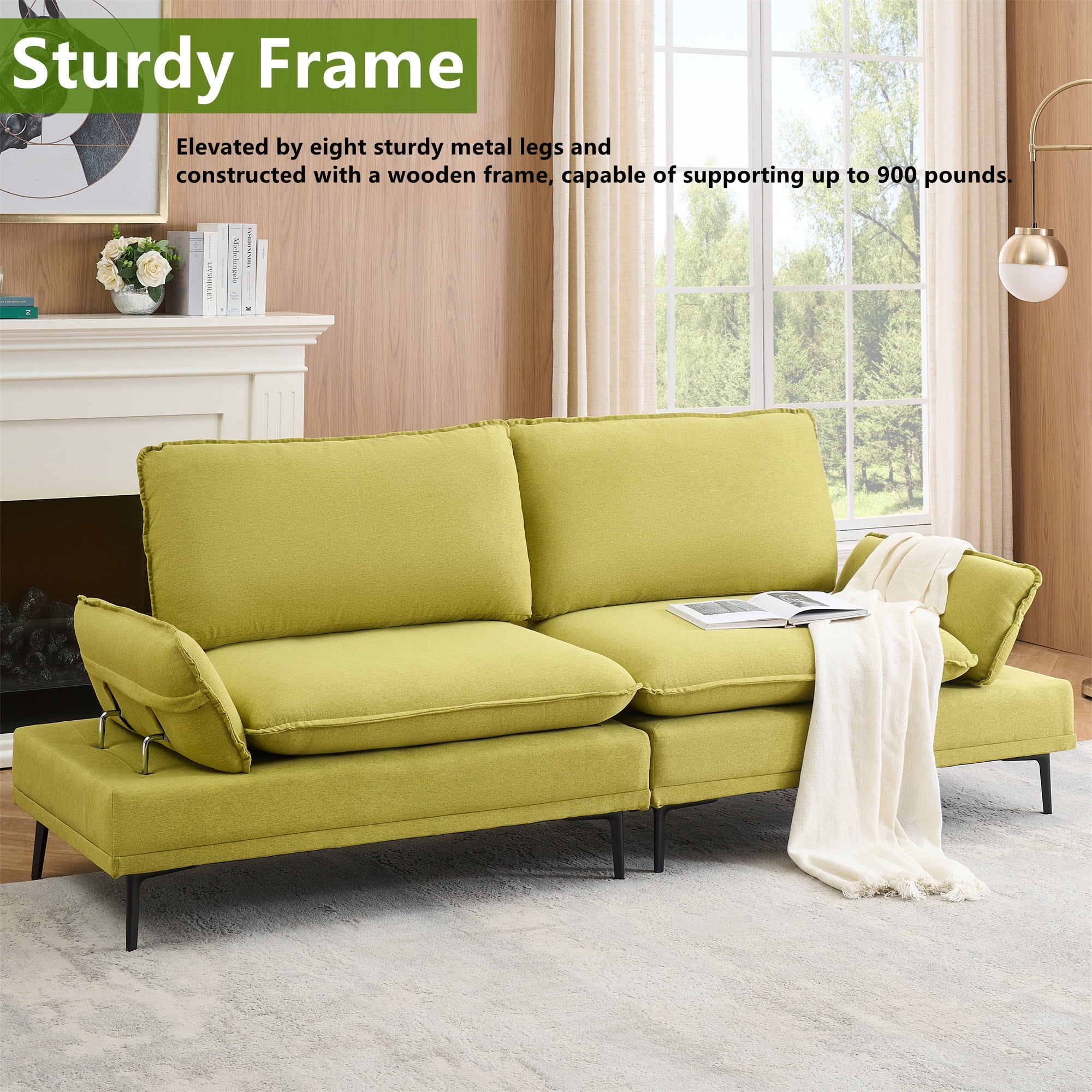Aukfa 91" Modern Comfy Sofa Adjustable Armrest 3 Seat Deep Seat Couch for Living Room, Linen, Green
