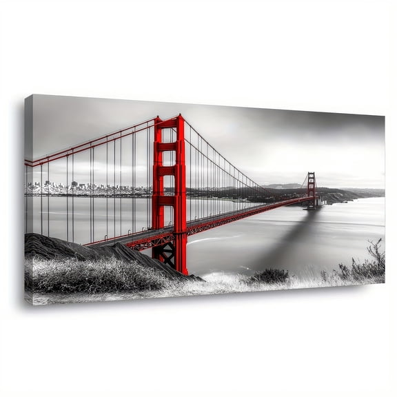 Golden Gate Bridge Canvas Art Print 48x24 inch Framed Wall Art Decor for Living Room Home Office Black and White with Red Accent