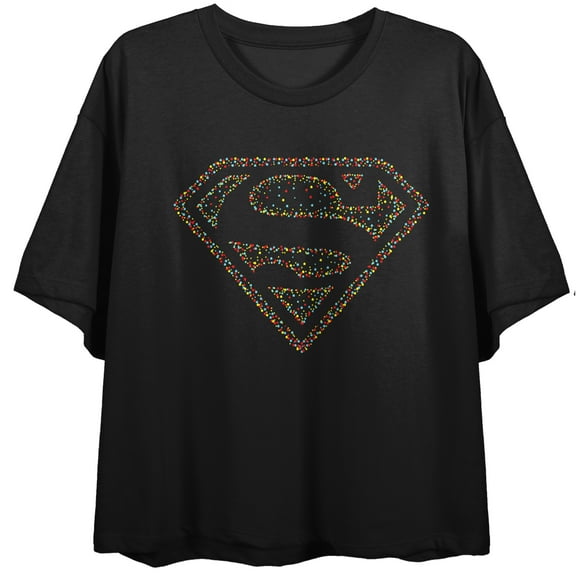 Superman Shield Dotted Colors Crew Neck Short Sleeve Women's Black Crop T-shirt-Medium