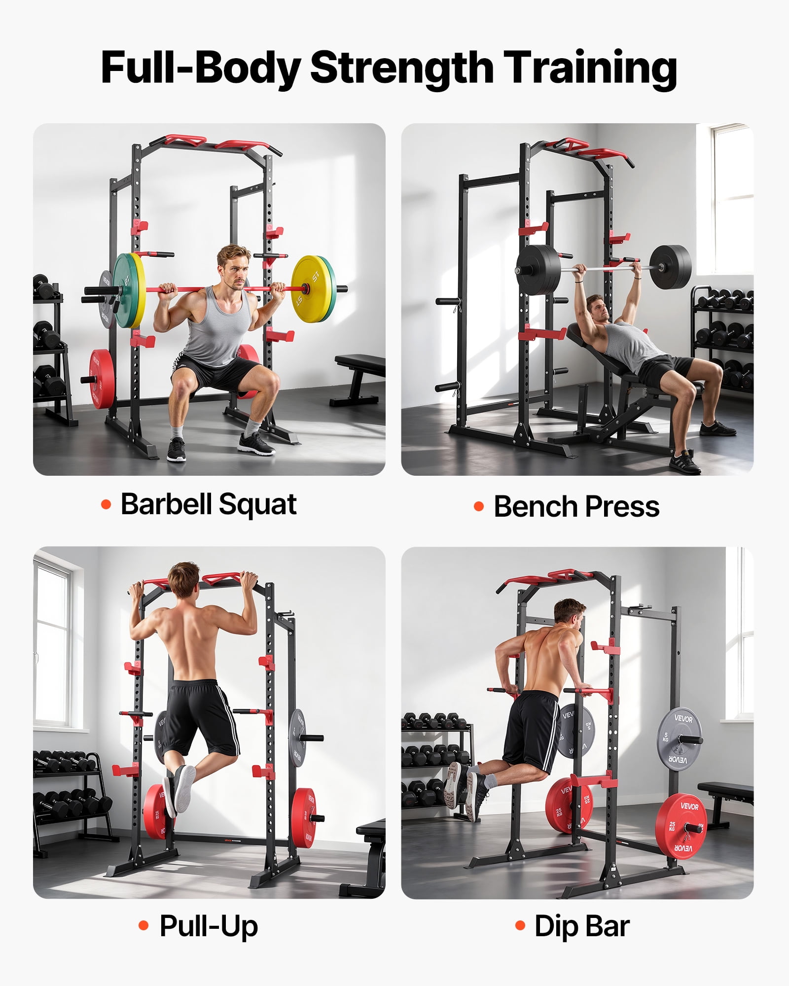 VEVOR Power Cage Power Rack, Multifunctional Barbell Squat Rack with Adjustable Height, Home Gym Strength Training Workout Equipment with J-Hooks & More Fitness Attachment