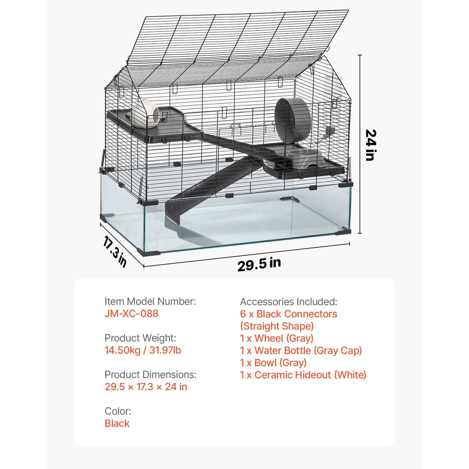 KFFKFF Rodent Enclosure, Full View Clear Rodent Homes, Compact Creature Habitat, 29.5 x 17.3 x 24 in, Breathable Pet Rodent Cages with Hydration Bottle, Mobile Rodent Residence for Rats, Guinea Pigs