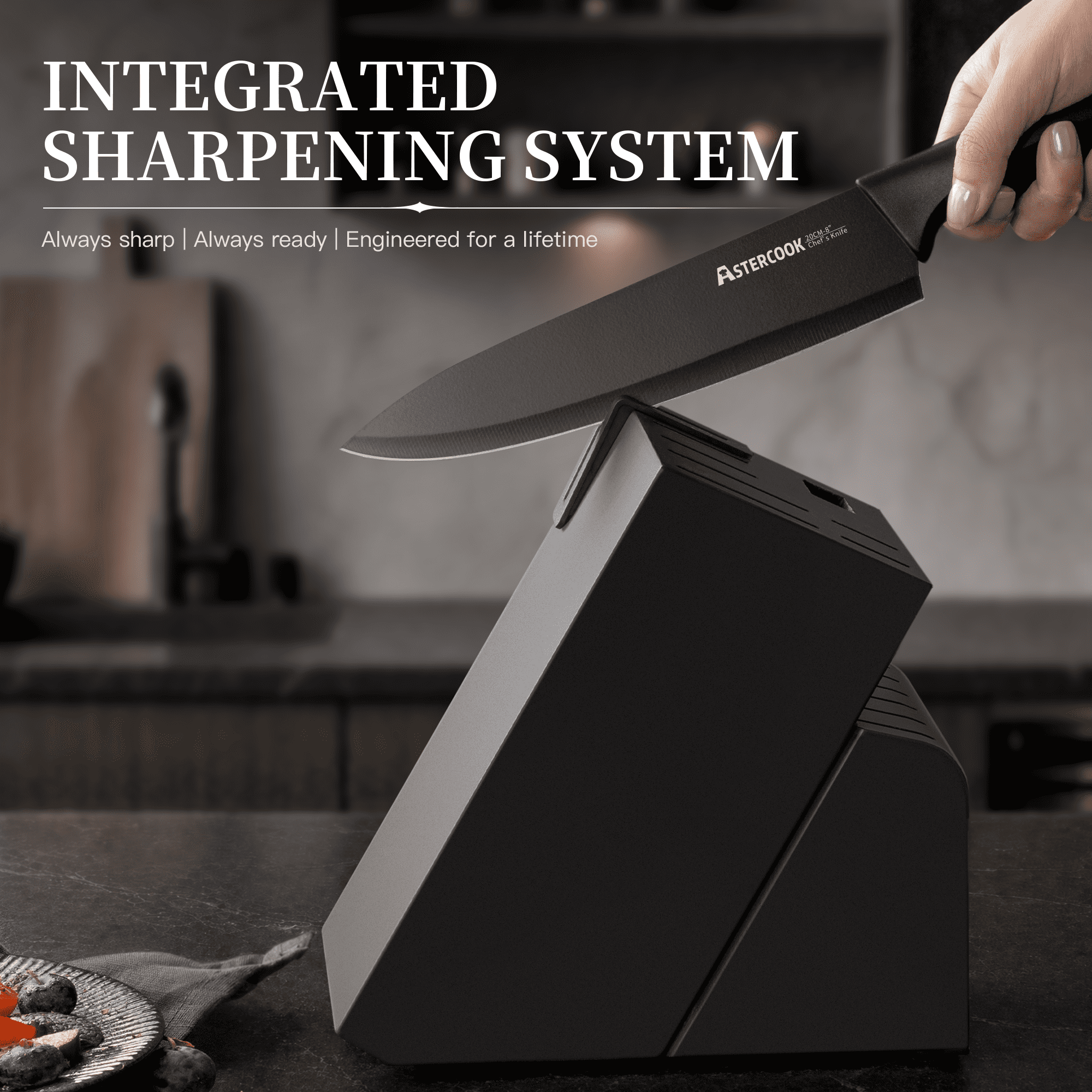 Astercook 14-Piece Kitchen Knife Set, Knives Block Set with Built-in Sharpener, Healthy Anti-Rust Coating & German Stainless Steel Knife Set, Dishwasher Safe Black