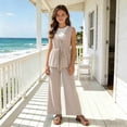 thumbnail image 6 of Girls Summer Outfits Striped Sleeveless Tie Front Peplum Top & Casual Wide Leg Pants 2 Piece Cute Matching Clothes Set Khaki 11-12 Years, 6 of 8