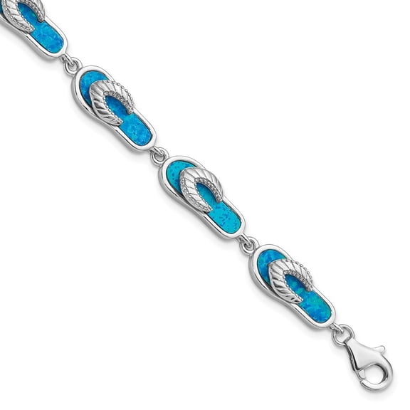 Diamond2Deal 925 Sterling Silver Rhodium-Plated Created Blue Opal Inlay Sandal Bracelet for Women 7"